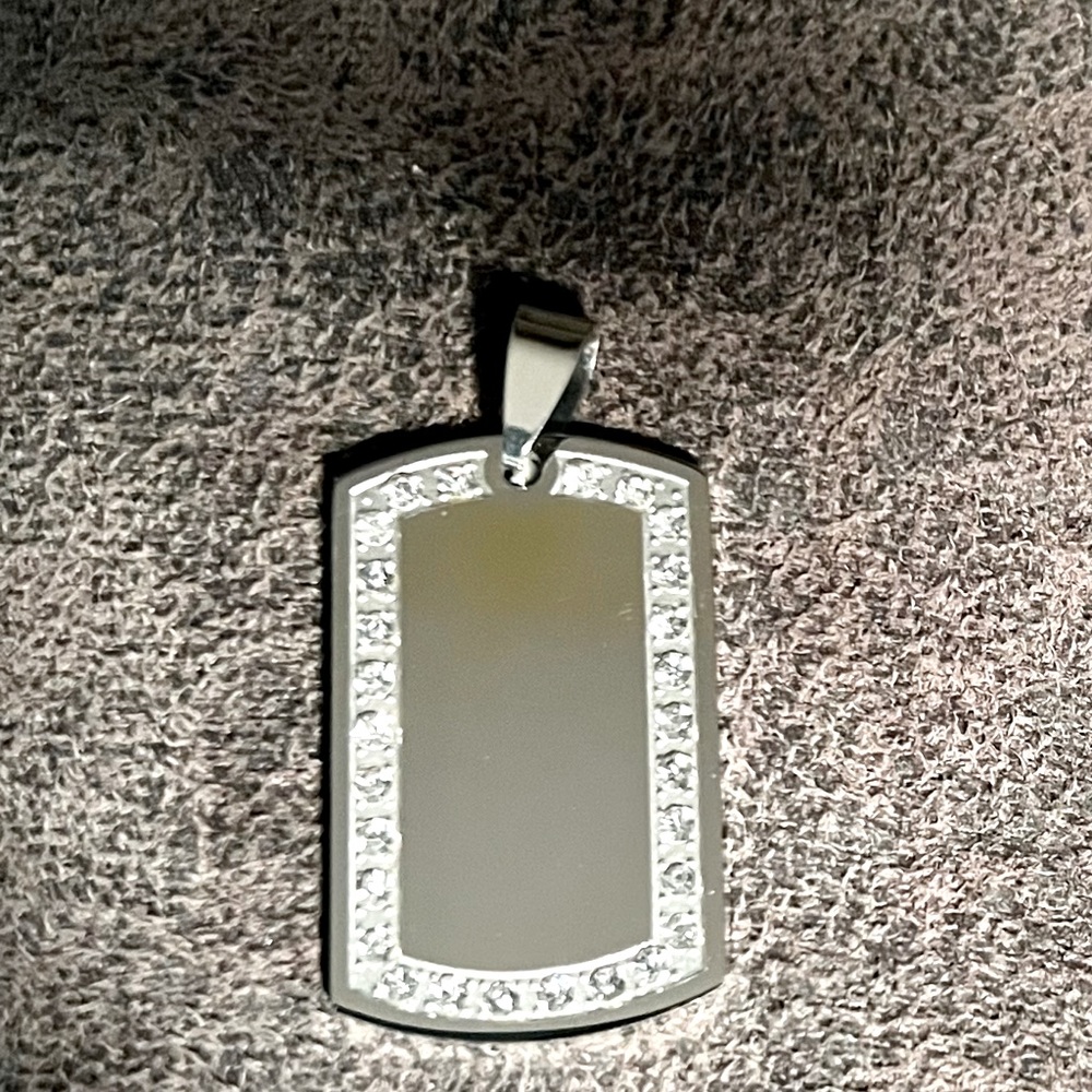 Dog tag pendant silvertone with rhinestones